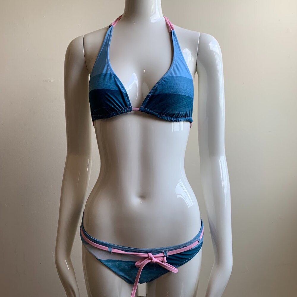 Aaron Chang blue reversible wave halter bikini